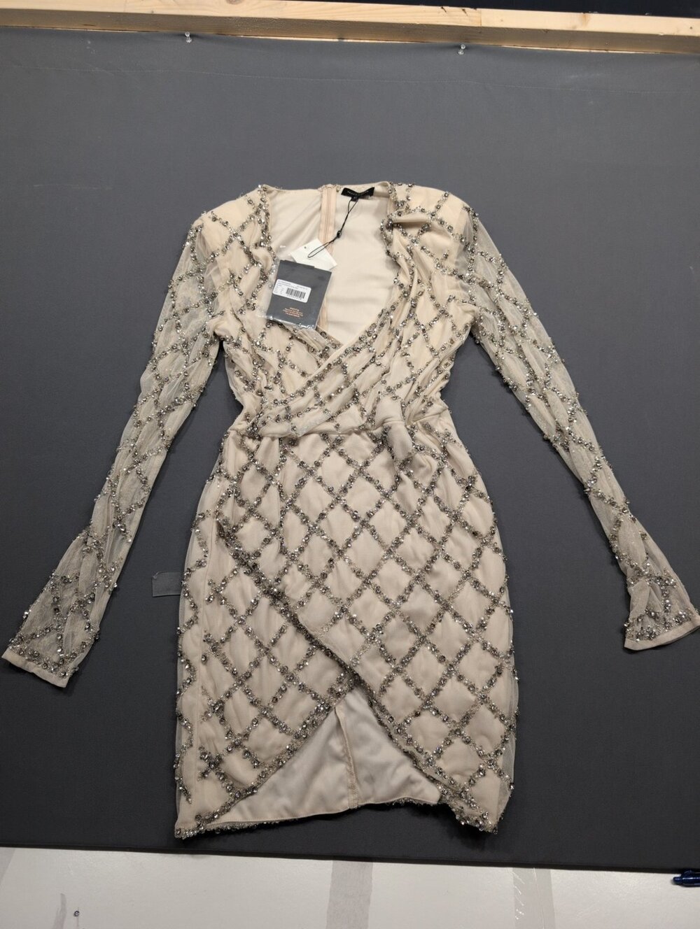 Peace + Love Lattice Embellished Wrap Mini Dress Silver UK12